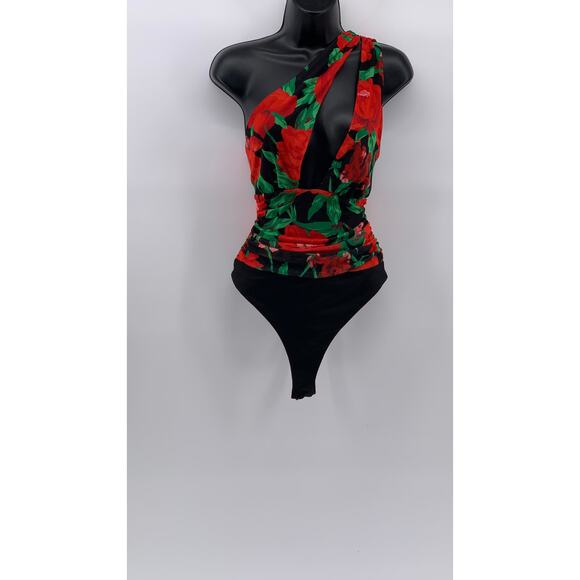 AFRM Women'S Black-Red Floral Delos One-Shoulder Cutout One-Piece Bodysuit SZ XS - Picture 1 of 10